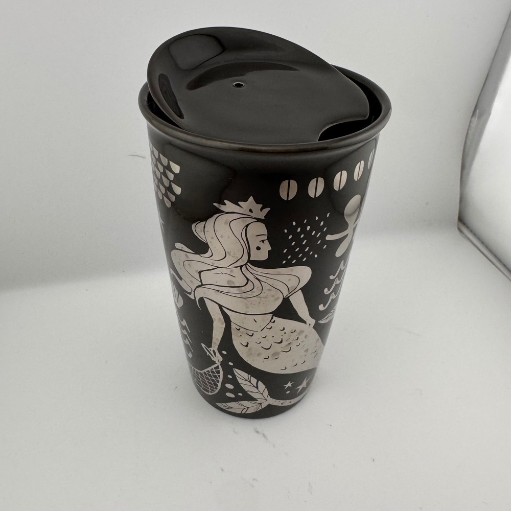Starbucks Travel Tumbler 12oz Black Silver Mermaid Ceramic Mug Metallic Siren